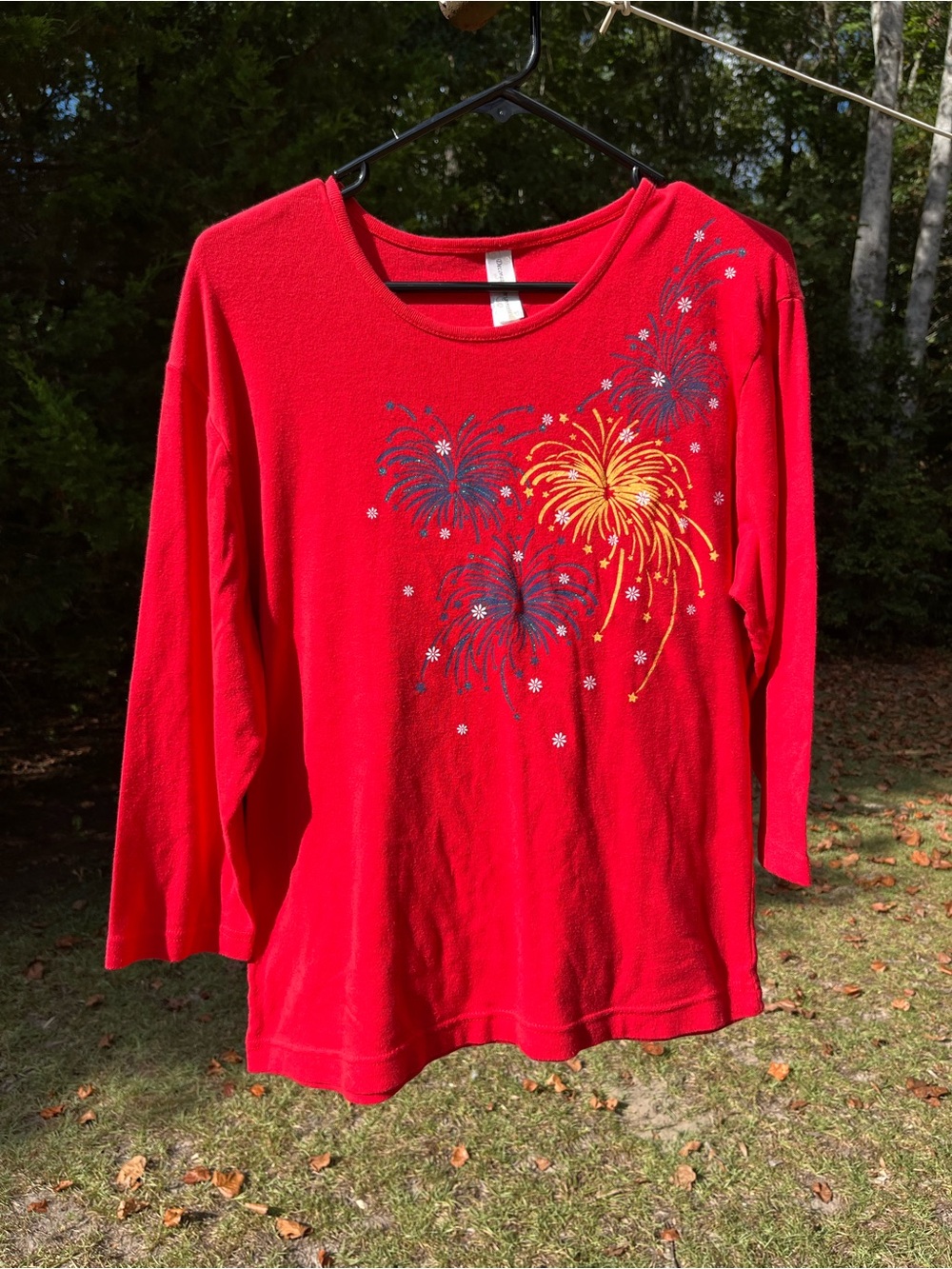 Red 3/4 sleeve Tee with Firework Graphic